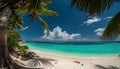 Serene Beachscape, Tropical Paradise With Palm Trees, Turquoise Ocean And White Sand At Blue Cloudy Sky On A Sunny Day - Royalty Free Stock Photo