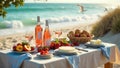 A serene beachside picnic with ros? Wine, pastries, fruit, and cheese. Generative AI Royalty Free Stock Photo