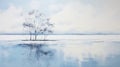 Serene Beauty: A Calm And Romantic Landscape Painting Of Two Trees On Icy Water