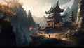 Serene beauty: A Chinese temple nestled in the mountains Royalty Free Stock Photo