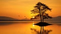 The serene beauty of a golden lake at dusk