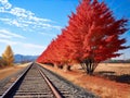 serene beauty of a sunny day with train tracks running alongside a row of trees.