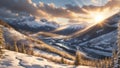 Sunset rays over a snow-covered mountain landscape with pine trees on slopes and meandering river in the valley bottom. Royalty Free Stock Photo