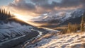 Sunset rays over a snow-covered mountain landscape with pine trees on slopes and meandering river in the valley bottom Royalty Free Stock Photo