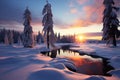 The serene beauty of winter, illuminated by a captivating sunset