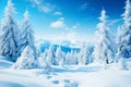 Serene beauty of a winter landscape with snowdrifts and snow-covered ice fir trees, against background of mountains and sky Royalty Free Stock Photo