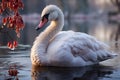 serene beauty of winter with this minimalist photo concept, featuring trees, a graceful swan on a frozen lake