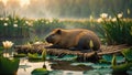 Capybara Relaxing on a Water Lily Raft at Sunrise Royalty Free Stock Photo
