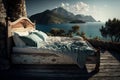 Serene Bed in Nature Overlooking Sea and Mountains. AI