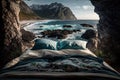 Serene Bed in Nature Overlooking Sea and Mountains. AI