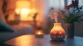 Serene Bedroom Ambiance Illuminated Aroma Diffuser with Soft Lighting and Flowers Royalty Free Stock Photo