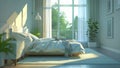 A serene bedroom with a decluttered nightstand and unobstructed windows to let in natural light. . AI generation