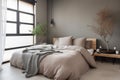 serene bedroom, with minimalist decor and tidy bedding