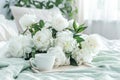 Serene Bedroom Morning With White Peonies on Soft Linens