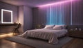 A serene bedroom with neon lights resembling a tranquil waterfall cascading down the wall, creating a peaceful Royalty Free Stock Photo