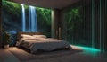 A serene bedroom with neon lights resembling a tranquil waterfall cascading down the wall, creating a peaceful Royalty Free Stock Photo