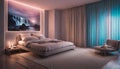 A serene bedroom with neon lights resembling a tranquil waterfall cascading down the wall, creating a peaceful Royalty Free Stock Photo