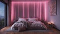 A serene bedroom with neon lights resembling a tranquil waterfall cascading down the wall, creating a peaceful Royalty Free Stock Photo