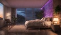 A serene bedroom with neon lights resembling a tranquil waterfall cascading down the wall, creating a peaceful Royalty Free Stock Photo