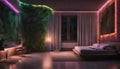 A serene bedroom with neon lights resembling a tranquil waterfall cascading down the wall, creating a peaceful Royalty Free Stock Photo