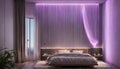 A serene bedroom with neon lights resembling a tranquil waterfall cascading down the wall, creating a peaceful Royalty Free Stock Photo