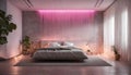 A serene bedroom with neon lights resembling a tranquil waterfall cascading down the wall, creating a peaceful Royalty Free Stock Photo