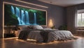 A serene bedroom with neon lights resembling a tranquil waterfall cascading down the wall, creating a peaceful Royalty Free Stock Photo