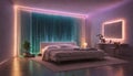 A serene bedroom with neon lights resembling a tranquil waterfall cascading down the wall, creating a peaceful Royalty Free Stock Photo