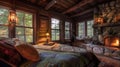 Serene bedroom nestled in a cabin, featuring timber beams, a hearty stone hearth, quilted covers, warm light, and a