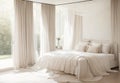 A serene bedroom with neutral tones, a plush bed, and sheer curtains billowing in the breeze Royalty Free Stock Photo