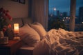 A serene bedroom scene with soft lighting, a neatly made bed, and a calm atmosphere, symbolizing a perfect sleep environment.