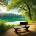 serene bench overlooking a scenic lake surrounded by lush