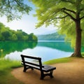 serene bench overlooking a scenic lake surrounded by lush