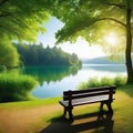 serene bench overlooking a scenic lake surrounded by lush