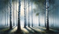 serene birch forest painting captures dawn's tranquil essence