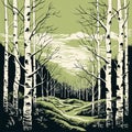 Serene Birch Forest: A Woodcut Illustration Of Nostalgic American Scene Painting