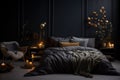 A serene black minimal bedroom with gold holiday decor, featuring a cozy bed with festive pillows and blankets for a peaceful