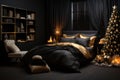 A serene black minimal bedroom with gold holiday decor, featuring a cozy bed with festive pillows and blankets for a peaceful