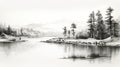 Serene Black And White Ink Wash Drawing Of Pine Trees By The Lake