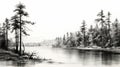 Serene Black And White Lake Drawing With Pine Trees