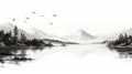 Serene Black And White Lake Scene Illustration With Birds And Mountains Royalty Free Stock Photo