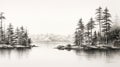 Serene Black And White Landscape Drawing Of Pine Trees By Stephen Shortridge Royalty Free Stock Photo