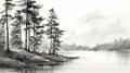 Serene Black And White Landscape Sketch Of Pine Trees By Bayard Wu