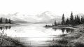 Serene Black And White Mountain And Lake Sketch