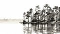 Serene Black And White Pine Tree Sketch Along Water