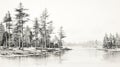 Serene Black And White River Sketch With Pine Trees