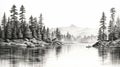 Serene Black And White Sketch Of Pine Trees Along Water Royalty Free Stock Photo