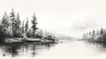 Serene Black And White Sketch Of Pine Trees By A Misty Lake Royalty Free Stock Photo