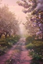 Serene blossom pathway: an idyllic landscape with flowering trees and dreamy soft light Royalty Free Stock Photo