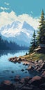 Serene Cabin By The Blue Lake - Painting Style Landscape Image